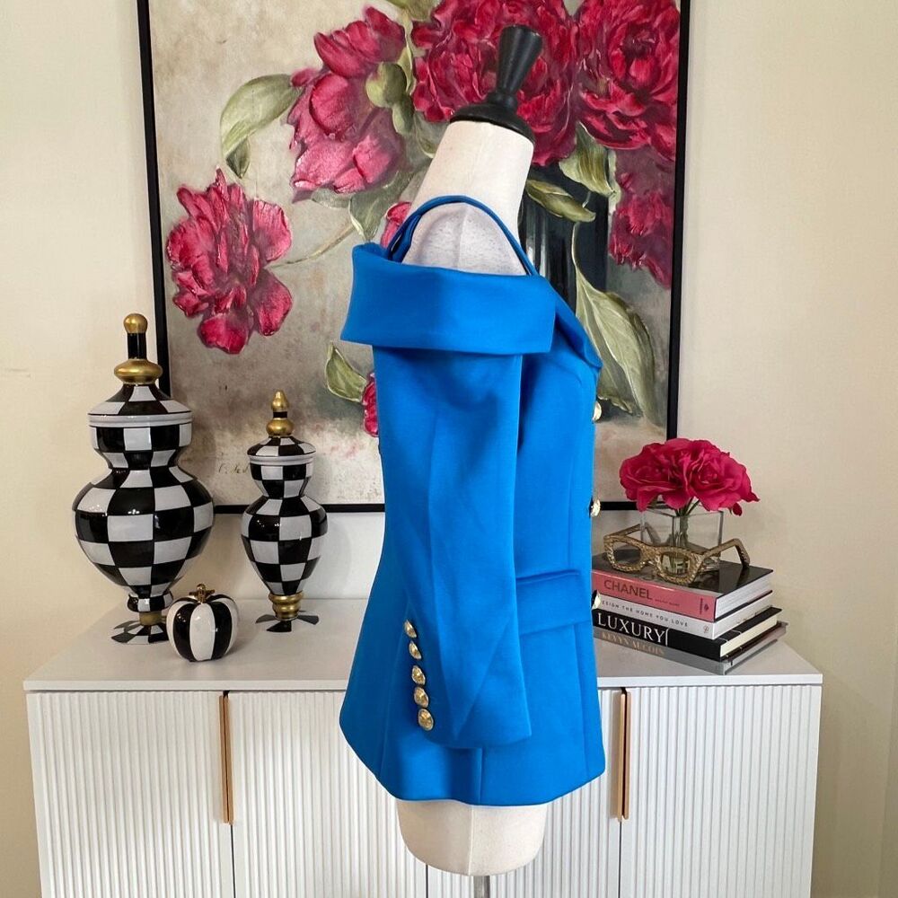 Boston Proper Alexia Admor Cobalt Blue Double Breasted Off Shoulder Blazer Size - Picture 3 of 6